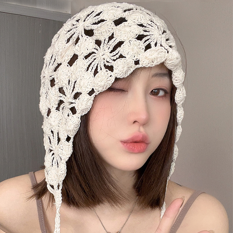 Bohemian Handmade Knitted Hat, Summer Hat for Women, Ethnic Style Hollow Flower Tassel Hat, Fashionable Turban Hat