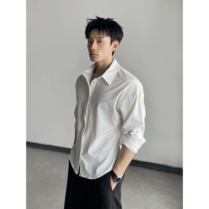 Casual White Shirt for Men, Autumn High-End American Style Long-Sleeve Shirt, Suitable for Layering with a Suit, Trendy Outerwear