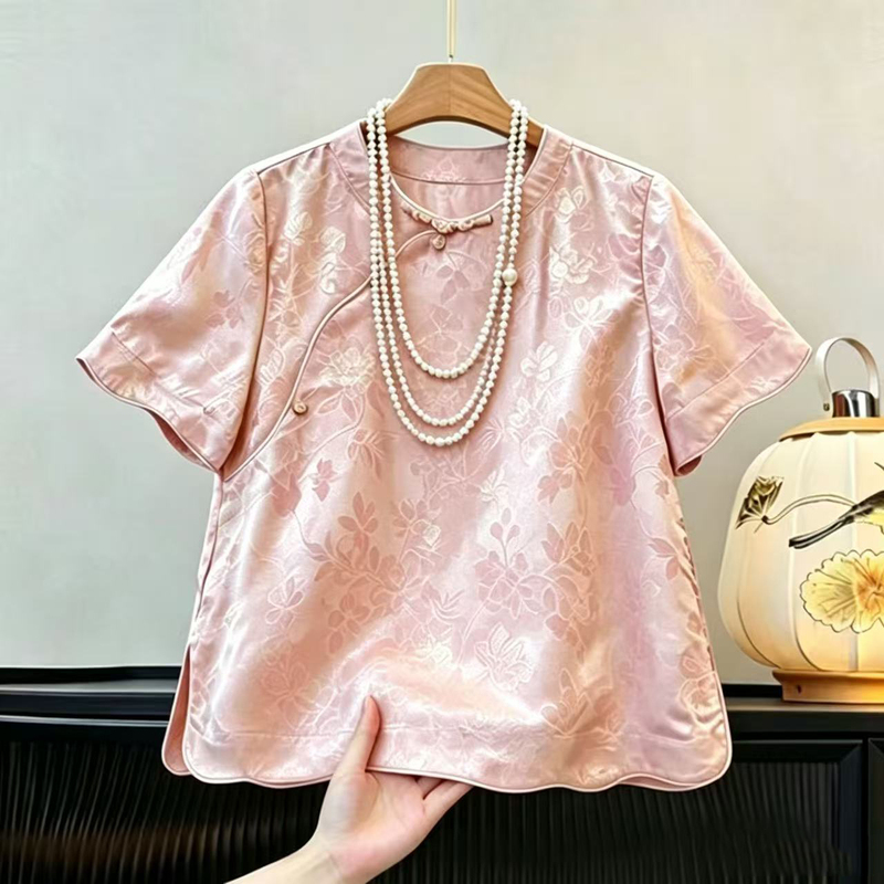 Vintage Oblique Placket Button Floral New Chinese Style Short-Sleeved Shirt for Women, Summer High-End Jacquard National Style Mulberry Silk Top
