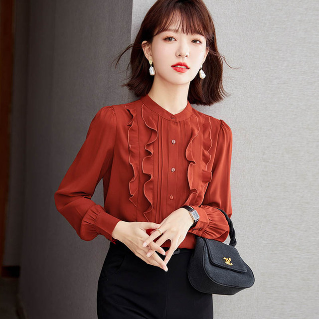 2022 new early spring fashion chiffon shirt women's long-sleeved stand-up collar shirt women's red age-reducing Western-style shirt