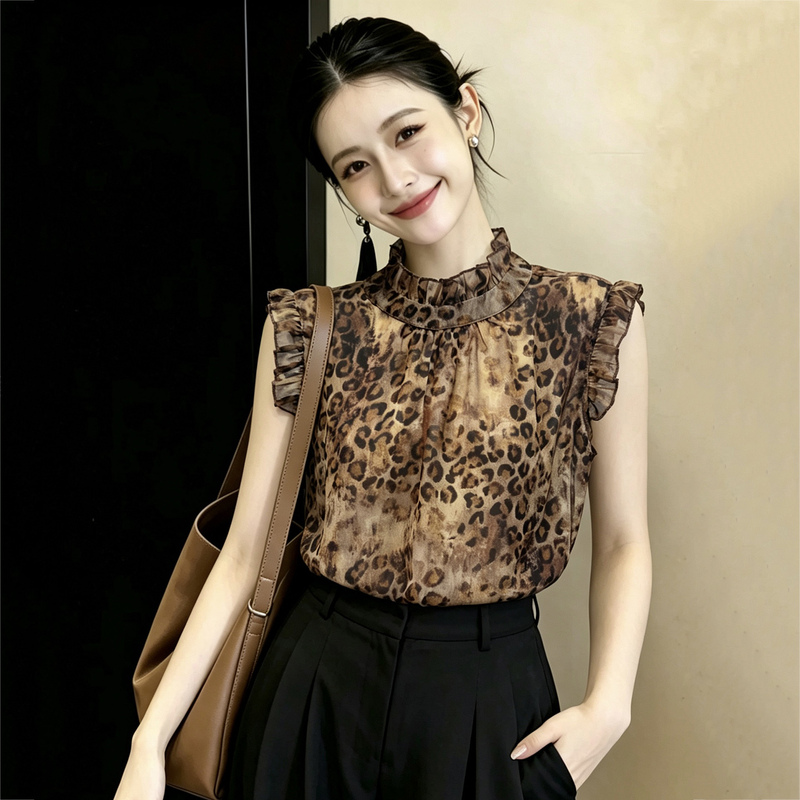 Vintage Leopard Print Ruffled Sleeveless Chiffon Blouse for Women, Summer 2026 New Style, Thin Design, Slimming and Elegant Top