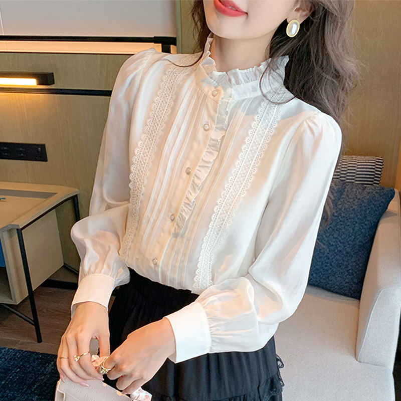 Французская высококачественная шифоновая рубашка с длинными рукавами и деревянными ушками, новая женская блузка ранней осени 2025 года, шикарная и подчеркивающая возраст.