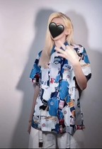 Shake sound genius little fire dragon with retro Harajuku wind printed shirt loose short-sleeved medium-long top jacket