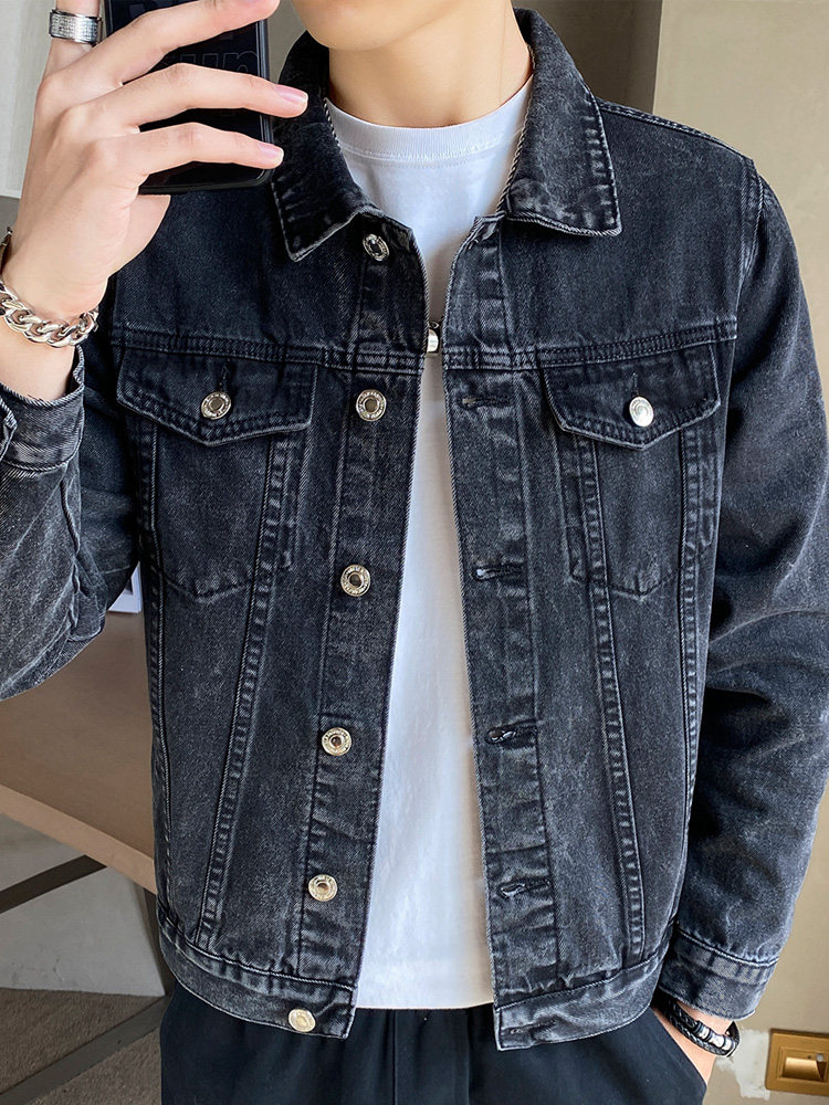 Spring and Autumn Black Denim Jacket for Men, Korean Style Spring Men's Lapel Jacket, Retro Short Denim Clothing, Trendy