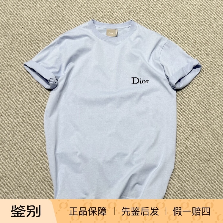 Domestic In-Stock Dior New Model Men's Round-Neck Blue Short-Sleeve T-Shirt with Letter Embroidery Logo on the Chest, Discounted Domestic In-Stock Dior New Model Men's Round-Neck Blue Short-Sleeve T-Shirt with Letter Embroidery Logo on the Chest, Discounted