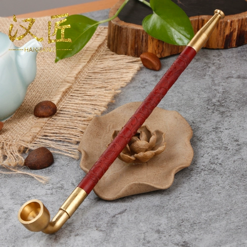 汉匠 Мужская старомодная медная резная ретро курительная трубка ручной работы из сандалового дерева