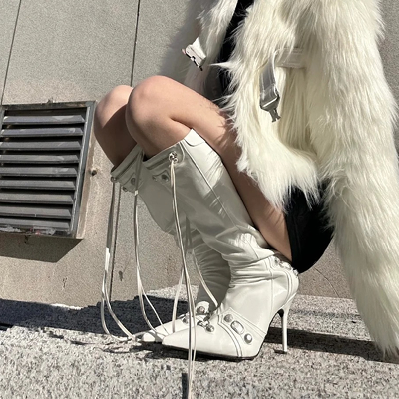 European and American Pointed-Toe Tassel Fashion Boots for Women 2024 Metal Studded Hot Girl Biker Boots Over-The-Knee Boots High-Heeled Boots