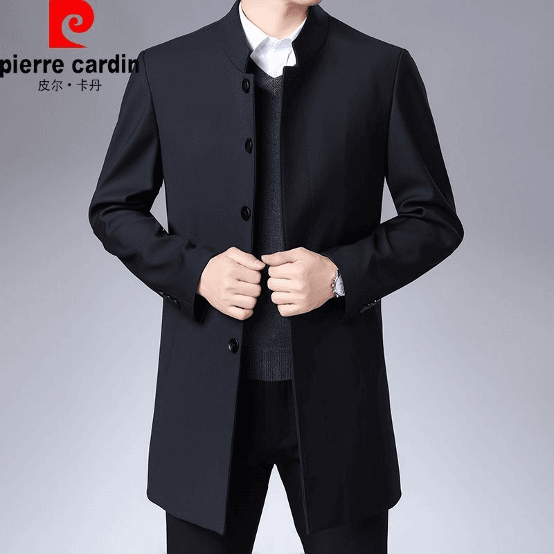 Pierre Cardin Autum New Men's High-End Windbreaker Jacket Casual Versatile Mid-Length Pure Color Stand-Up Collar Outwear Trendy