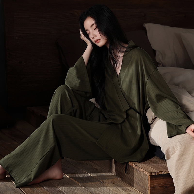 Victoria Long-Sleeved Pure Cotton Pajamas for Women, New Soft Kimono-Style Tie-Up High-End Loungewear Set That Can Be Worn Outside