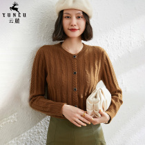  New round neck cashmere cardigan womens thickened sweater twisted loose thin short long-sleeved solid color cashmere small jacket