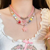 Candy dopamine beaded pink star necklace female cute sweet cool hot girl clavicle chain y2k neck chain accessories