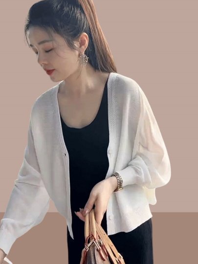 Veste cardigan fine et respirante tricotée en soie glacée pour femmes, protection solaire, haut châle court à manches longues pour petites personnes, été 2025
