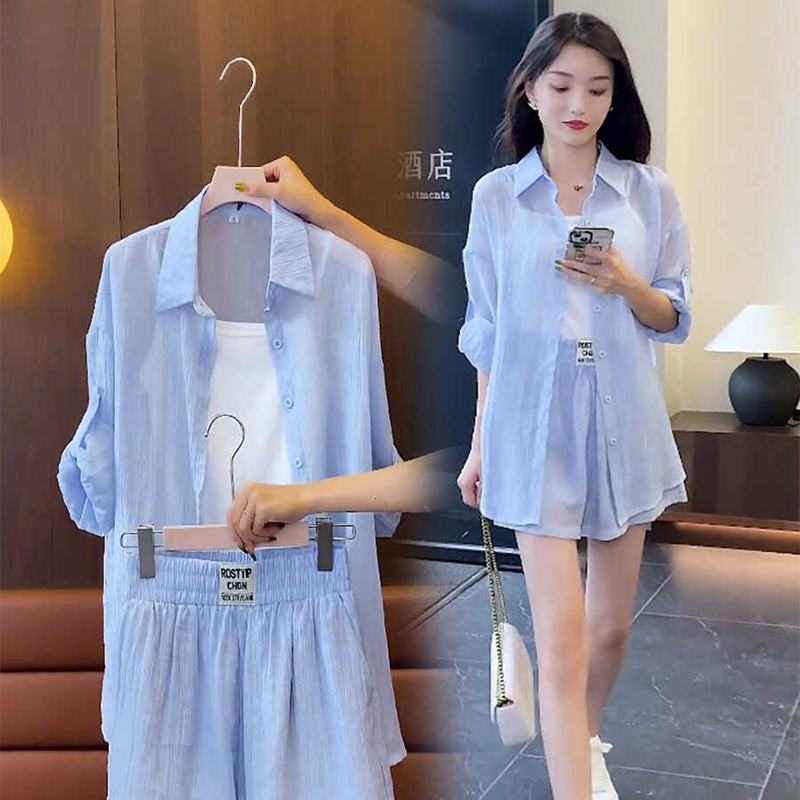 Summer Sun-Protective Clothing for Petite Women, Wide-Leg Shorts Set, Fashionable Chiffon Shirt, Salt-Style Outfit, Two-Piece Set Summer Sun-Protective Clothing for Petite Women, Wide-Leg Shorts Set, Fashionable Chiffon Shirt, Salt-Style Outfit, Two-Piece Set