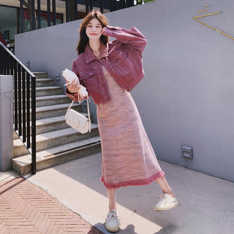 Korean Style Outfit, a Complete Set of Denim Jacket and Suspender Skirt Suit for Women, Autumn 2026 New Style Knitted Dress Two-Piece Set Korean Style Outfit, a Complete Set of Denim Jacket and Suspender Skirt Suit for Women, Autumn 2026 New Style Knitted Dress Two-Piece Set