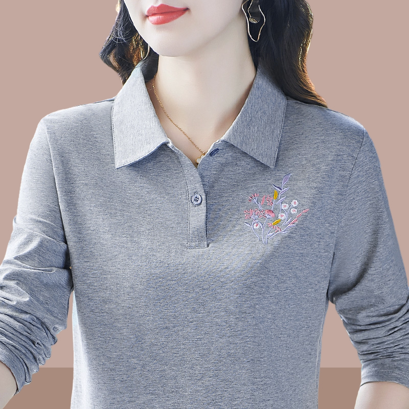 Pure Cotton Long-Sleeved T-Shirt for Women Early Autumn 2026 New Style Elegant Age-Reducing Mom Polo Shirt Embroidered Versatile Autumn Top