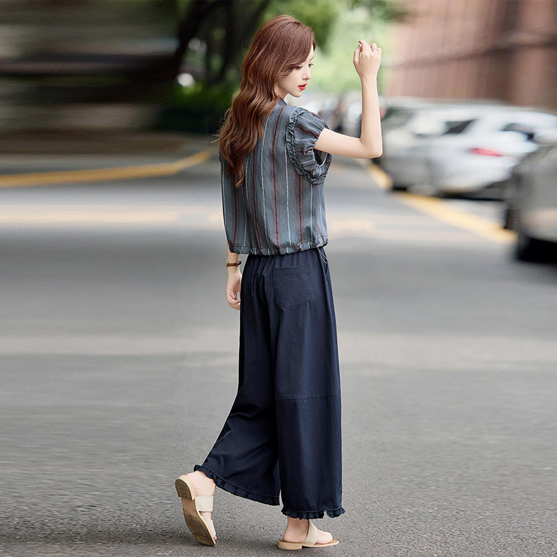 2026 New Summer Style Women's Elegant and Stylish Fashion Set: Striped Shirt and Casual Lace Wide-Leg Pants Two-Piece Set 2026 New Summer Style Women's Elegant and Stylish Fashion Set: Striped Shirt and Casual Lace Wide-Leg Pants Two-Piece Set