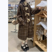 2022 autumn and winter retro plaid British style Japanese mid-length small woolen bow sheep wool coat women