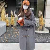 2022 winter temperament hooded student horn button wool coat womens Korean version loose mid-length woolen coat