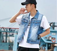 Mùa xuân và mùa thu thương hiệu net đỏ denim vest nam phần mỏng xu hướng giản dị phiên bản Hàn Quốc đẹp trai không tay rộng lỗ vest - Dệt kim Vest áo dệt kim tay ngắn