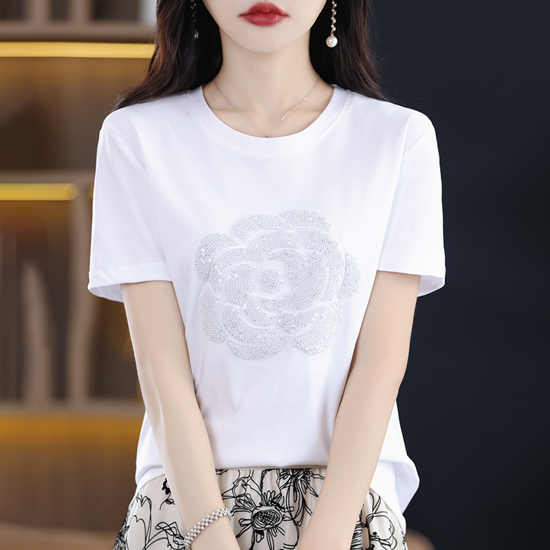Mercerized Cotton Round Neck Short-Sleeved T-Shirt for Women 26 Summer New Classy Embroidered Loose Half-Sleeved 100 Pure Cotton T-Shirt Top