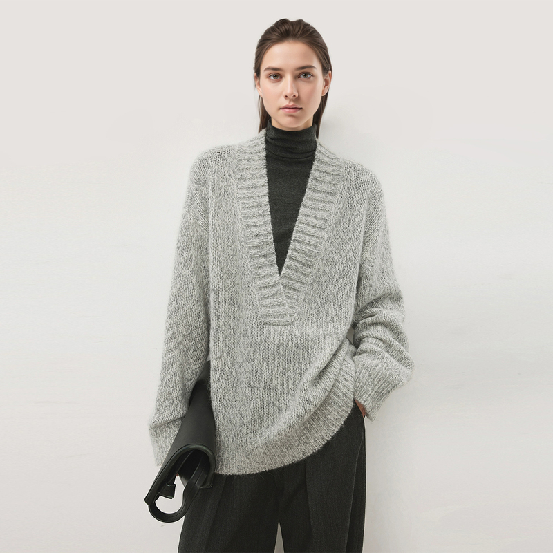 Retro Casual Thick-Knit Large V-Neck Wool Sweater for Women 2025 Autumn New Marble Pattern Interwoven Yarn Knitted Top