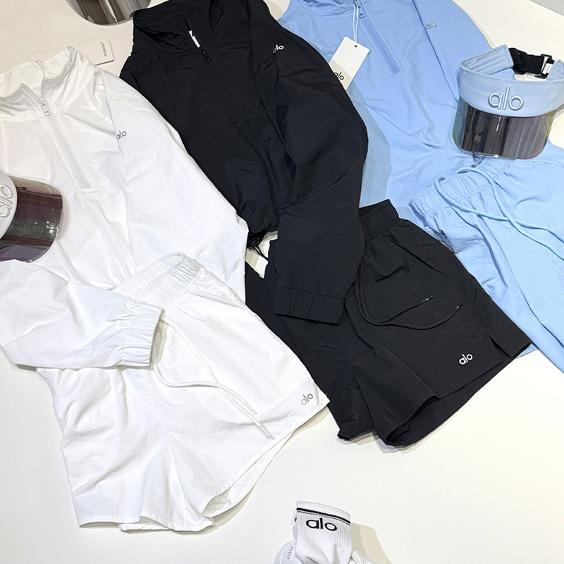 Alo A1O Women's Spring Breathable Sports Suit Two-Piece Loose Stand-Up Collar Long-Sleeved Shorts Functional Sun Protection