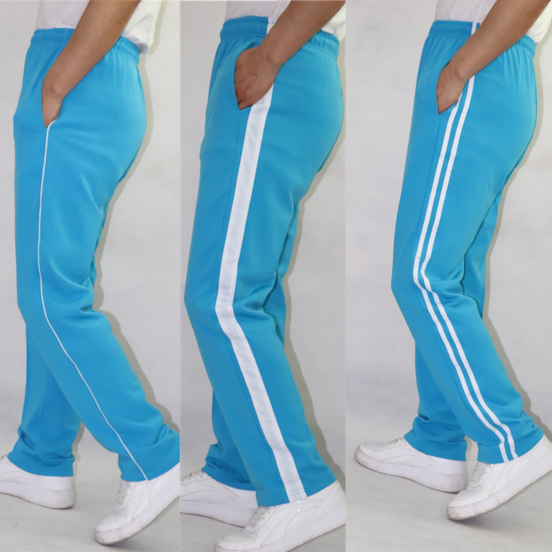 Spring Summer Thin Section Two White Bar Sky Blue Elementary School Junior High School Students Men And Women Straight Cylinder Long Pants Loose School Suit Pants
