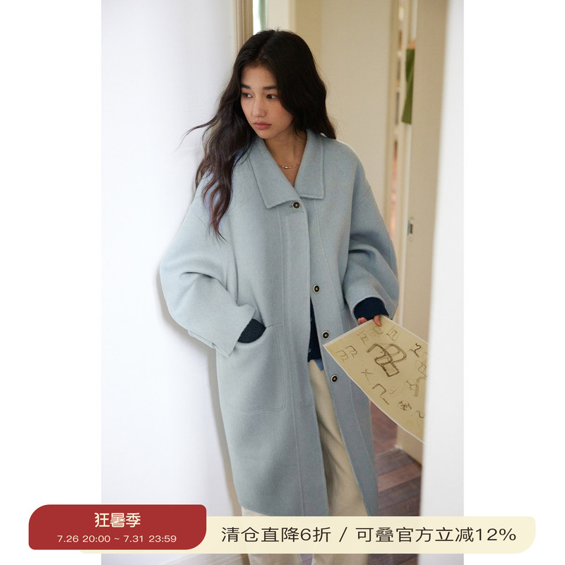 Solighter Camel Wool Blue Lapel Cocoon-Shaped Double-Sided Woolen Coat Women's Autumn and Winter New Woolen Coat
