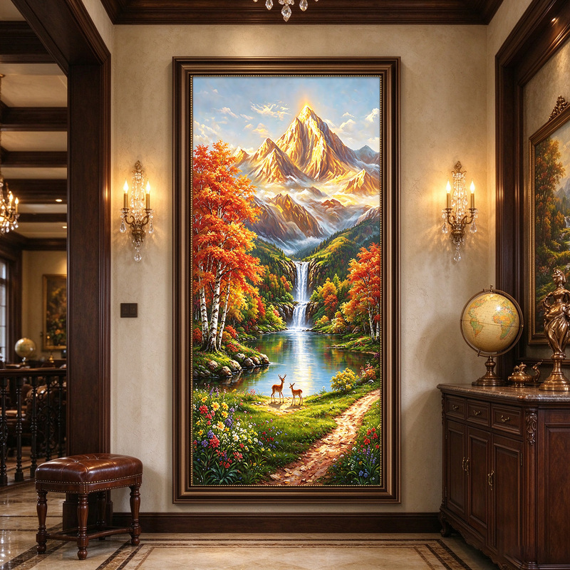 Entrance Sunlight Golden Mountain Oil Painting Treasure Bowl Retro American Style Wall Art Entrance Decoration Painting Corridor European Style Living Room
