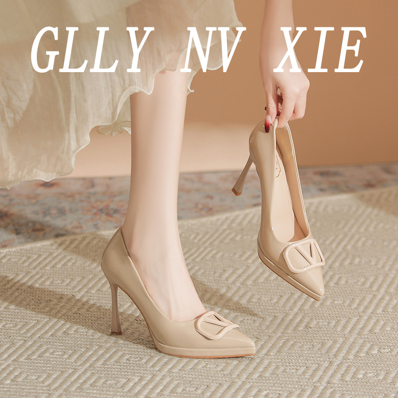 French-Style Nude Patent Leather V-Buckle High Heels for Women, Thin Heels, Waterproof Platform Shoes, Petite Socialite Niche Work Shoes