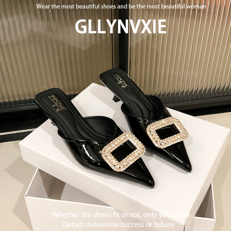 Black Patent Leather Rhinestone Half-Slip High-Heeled Shoes for Women, Summer Outdoor Wear, Thin Heel, Closed-Toe Mules, Slip-On Pointed Toe Mules