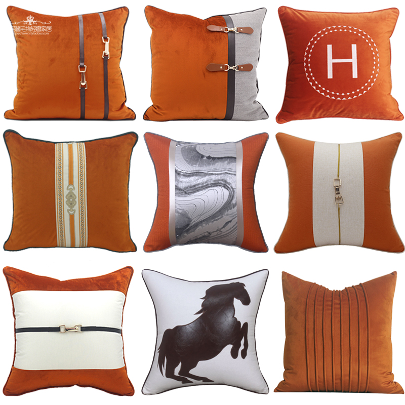 European-style modern minimalist light luxury leather buckle stitching embroidery Dutch velvet designer model room cushion pillow case with core