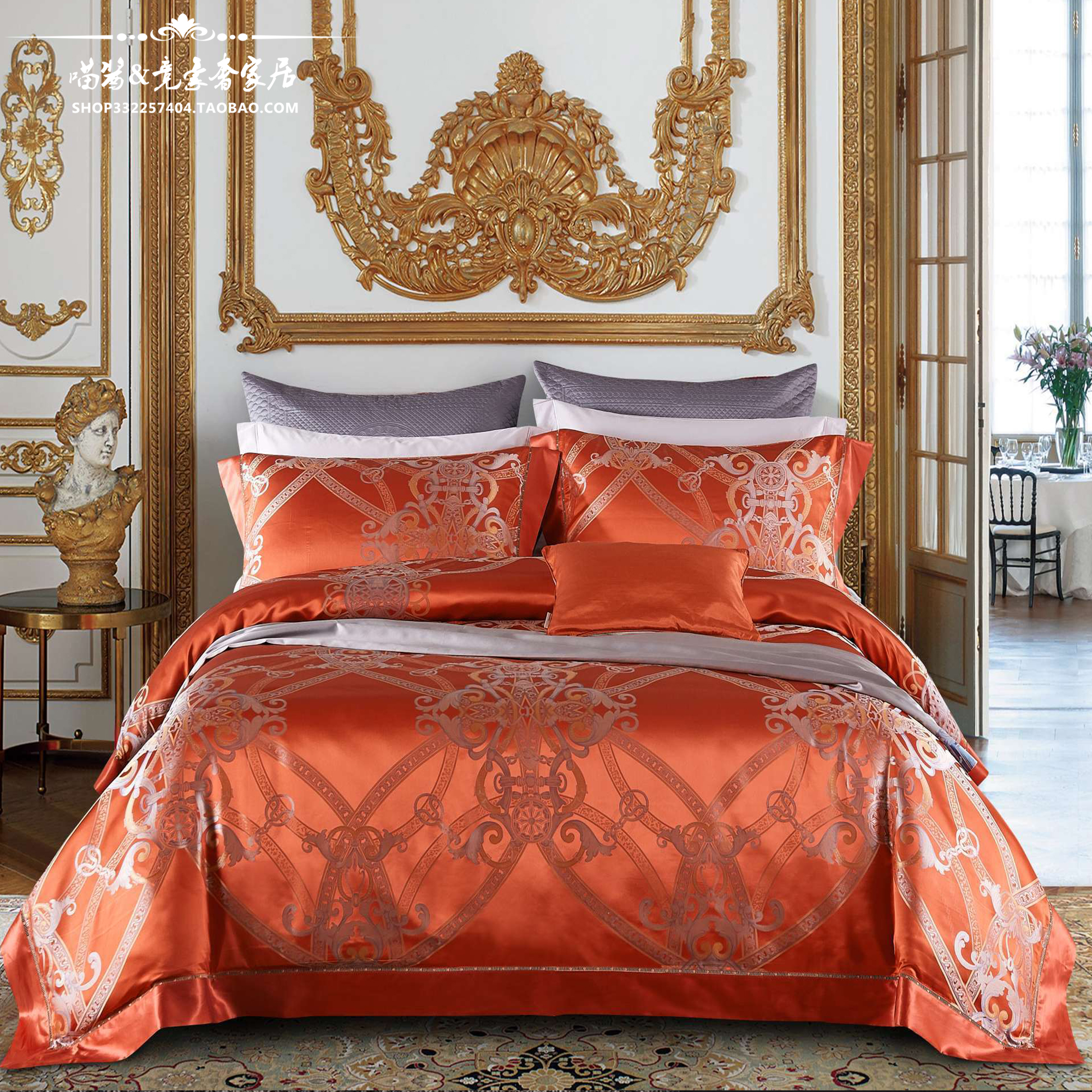 Heavy# European-style luxury 30 mmi orange mulberry silk jacquard high-end bedding set of four