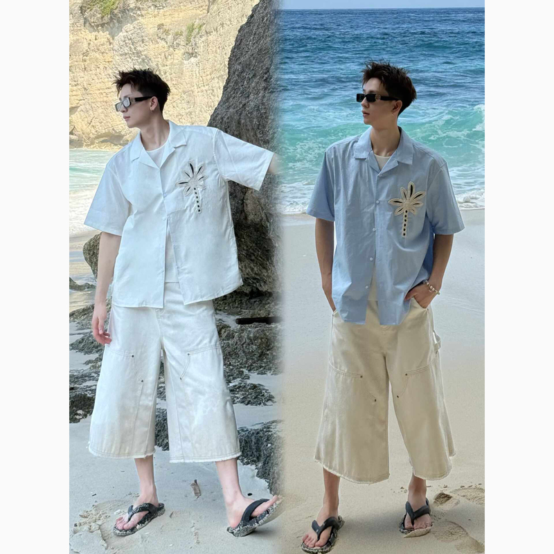 Coconut Tree Hand-Embroidered Short-Sleeved Shirts for Men and Women, Hawaiian Vacation Wear, Lazy Style Casual Shirts and Jackets, Trendy