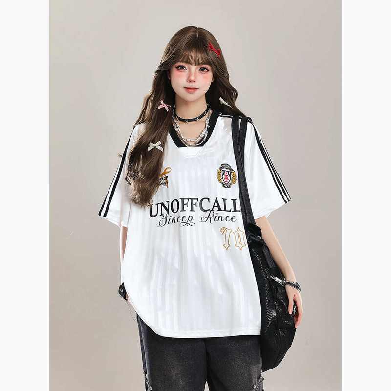 American High Street Style V-Neck Jersey Short-Sleeve T-Shirt for Men and Women, Summer Ootd Casual Loose Design Half-Sleeve Top