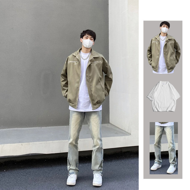 American style design tooling jacket men's spring and autumn ruffian handsome jacket ifashion lapel baseball uniform a set of collocation