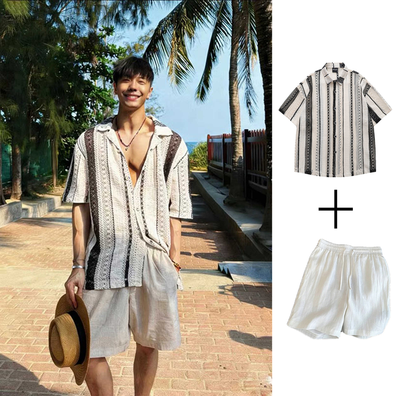 Old Money Style Knitted Hollow-Out Short-Sleeve Shirt for Men, Vacation Style Loose Fit Collared Shirt and Shorts Beach Outfit Set Old Money Style Knitted Hollow-Out Short-Sleeve Shirt for Men, Vacation Style Loose Fit Collared Shirt and Shorts Beach Outfit Set