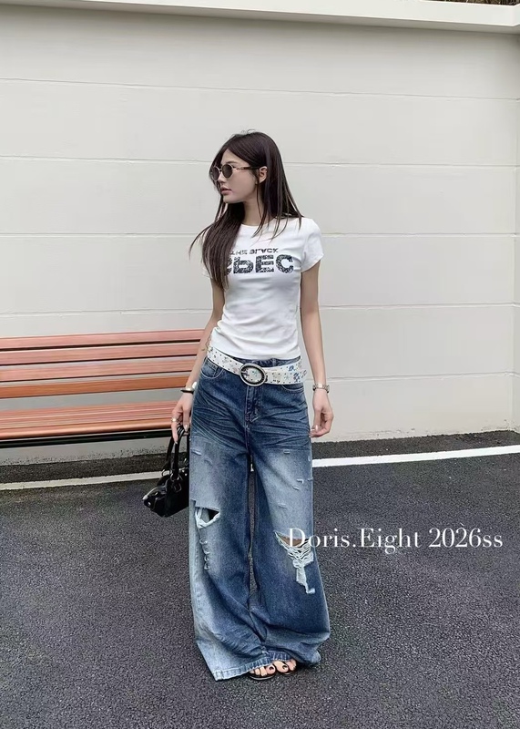 Doris Eight 2026 Summer New Vintage Washed Mid-Low Waist Ripped Straight-Leg Jeans Loose Wide-Leg Pants
