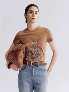 Women's round neck slim fit embroidered short sleeve two-color t-shirt 2025 summer new tops for women