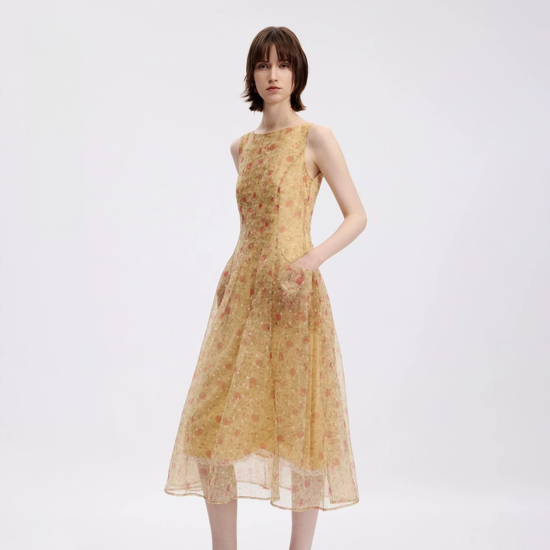 [Focus Series] Women's Boat Neck Slim Waist Sleeveless Floral Dress Women's 2026 Summer New Style