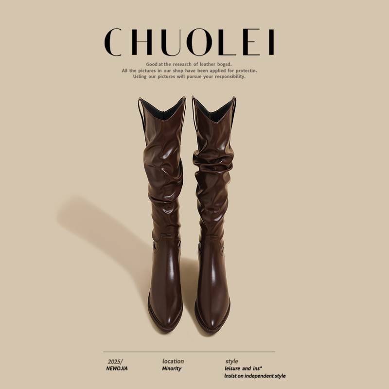 New Spring and Autumn Thick-Heeled Riding Boots for Women, Popular Brown V-Cut Fleece-Lined Over-The-Knee Pleated Long Boots New Spring and Autumn Thick-Heeled Riding Boots for Women, Popular Brown V-Cut Fleece-Lined Over-The-Knee Pleated Long Boots