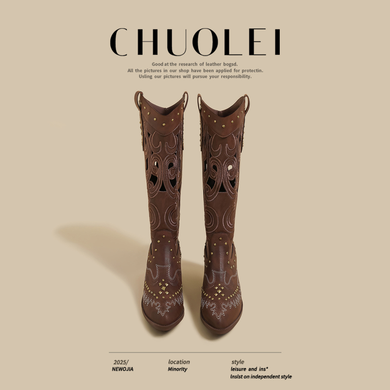 Popular New Style for Summer and Winter, Chunky Heel V-Cut Long Boots, Brown Hollow-Out High-Heeled Design, Over-The-Knee Riding Boots