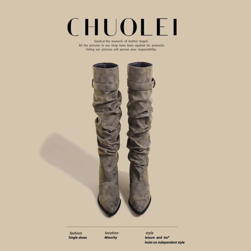 2026 Autumn New Popular Style Pleated Stacked Boots for Women, Chunky Heel High-Tube Riding Boots with Belt Buckle, Pointed Toe, Gray Long Boots 2026 Autumn New Popular Style Pleated Stacked Boots for Women, Chunky Heel High-Tube Riding Boots with Belt Buckle, Pointed Toe, Gray Long Boots