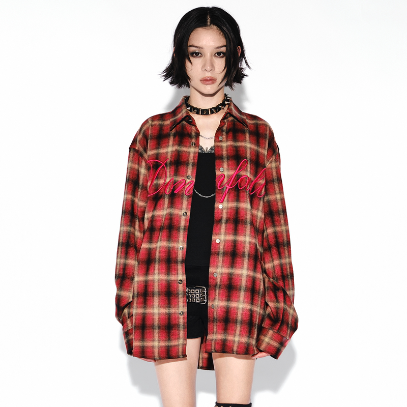 Donfall Band Series Embroidered Plaid Shirt Couple's New Autumn American Retro Red Plaid Jacket