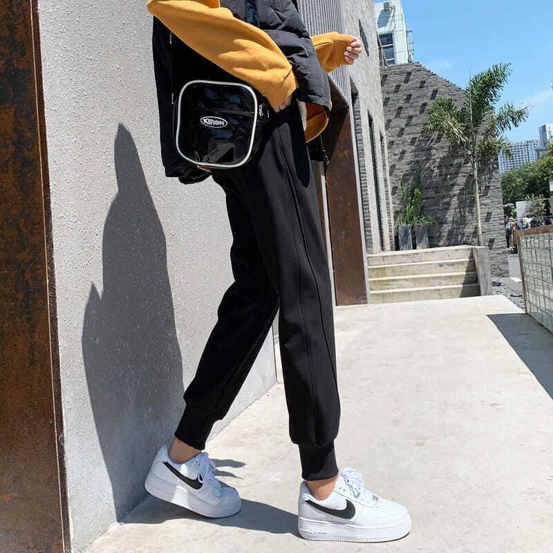 瓦熙运动裤韩版高腰宽松加绒加厚显瘦束脚卫