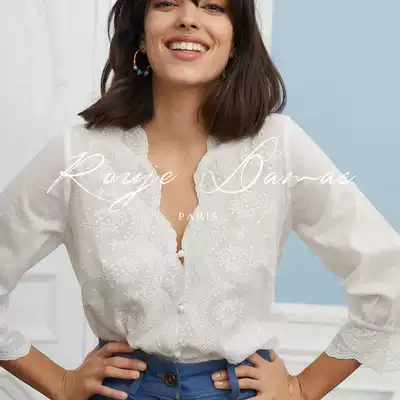 French Rouje Damas French resort style boutique Joker V-neck loose embroidered long-sleeved shirt temperament top