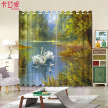 Customized semi-full shading curtain curtain European impression style bedroom living room floating window oil painting Swan landscape painting