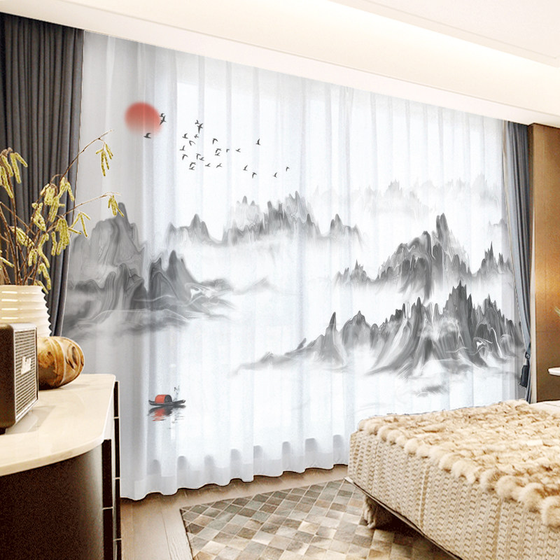 Chinese style curtains Classical water ink landscape painting China Wind half full shading bedroom Living room Floor Yarn Curtain Office Tea Room