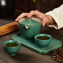 Ingenuity Japanese style rough pottery kung fu tea set one pot two cups travel tea set portable hand grab quick guest Cup simple small tea tray