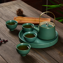 Retro green lifting beam pot one pot four cup tea set set household ceramic small tea tray Japanese kung fu travel tea set